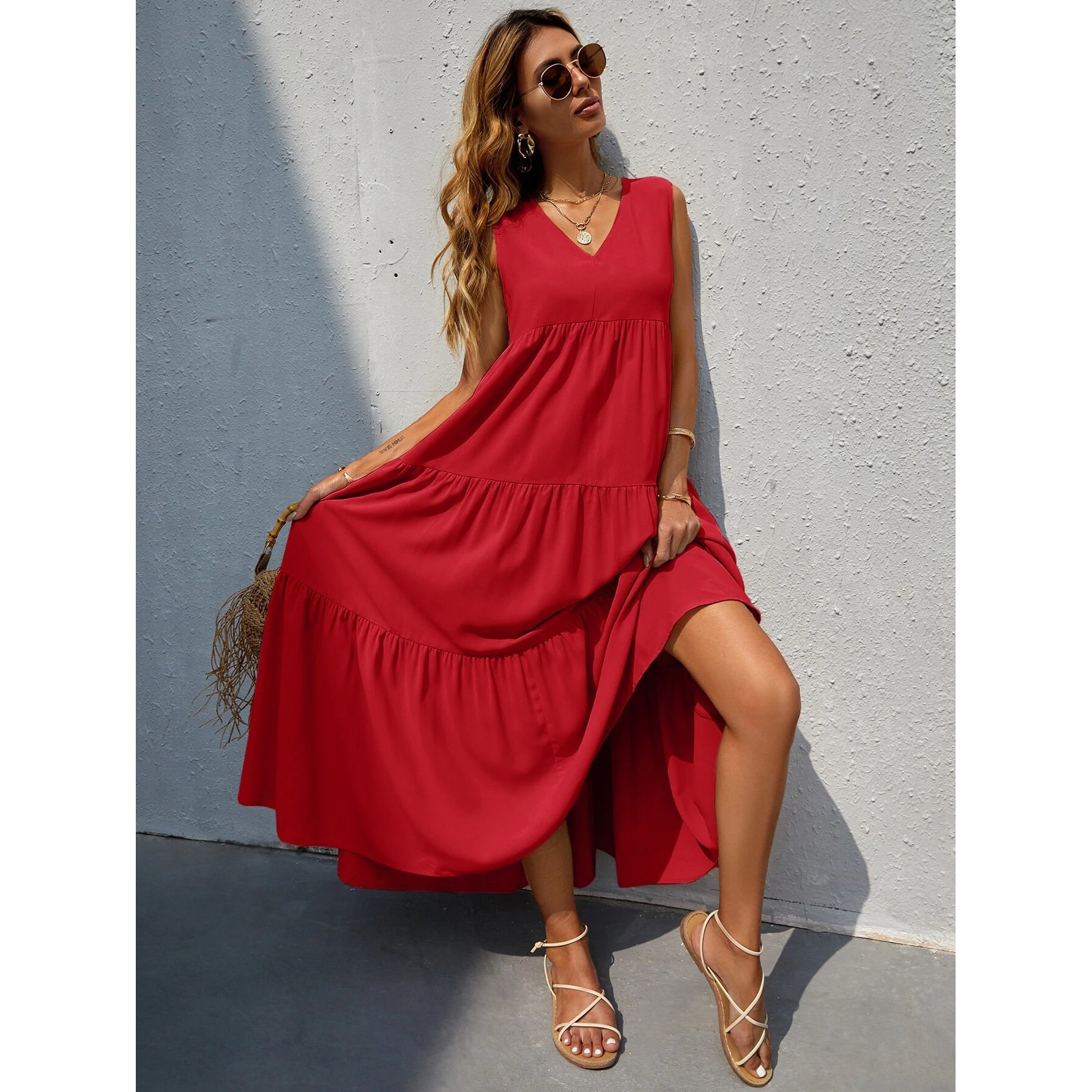 Women's V-neck Ruffle Hem Solid Dress Choice Online