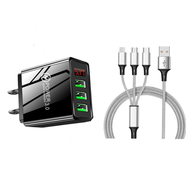 2-Piece Set: 3-Port LED Display High Speed Wall Charger Black + 3-in-1 Cable Fashion Style Cheap Online