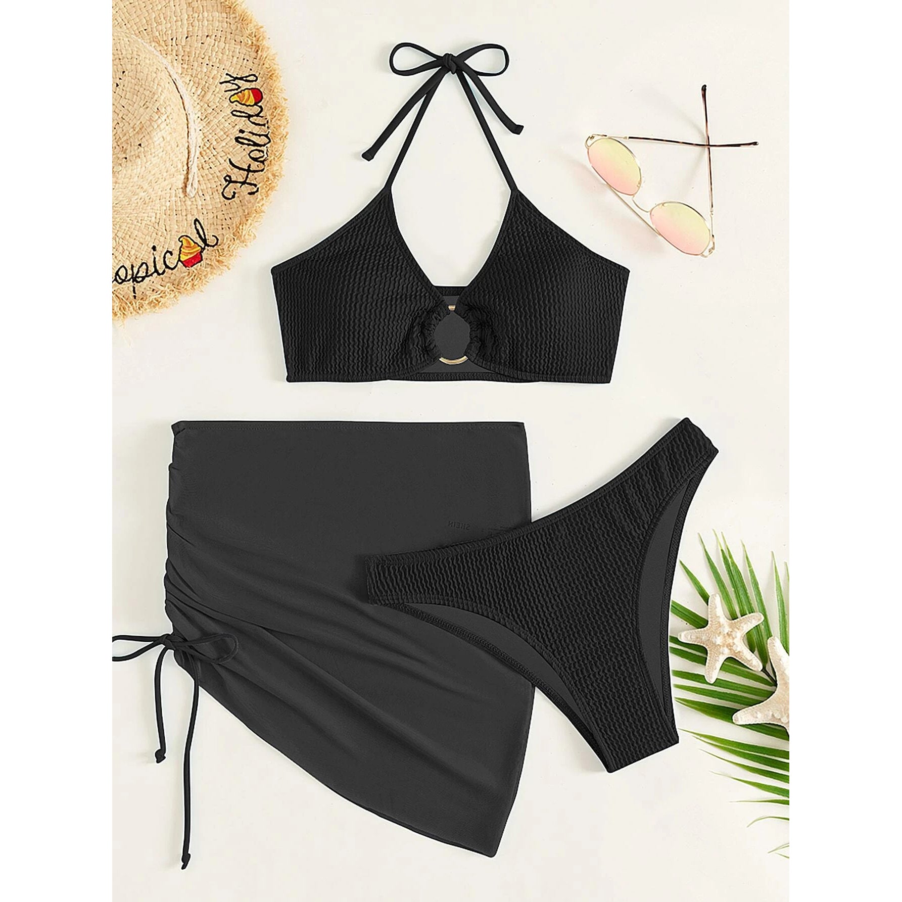 3-Pack: Textured Ring Linked Halter Bikini Swimsuit & Beach Skirt Shop For Cheap Online