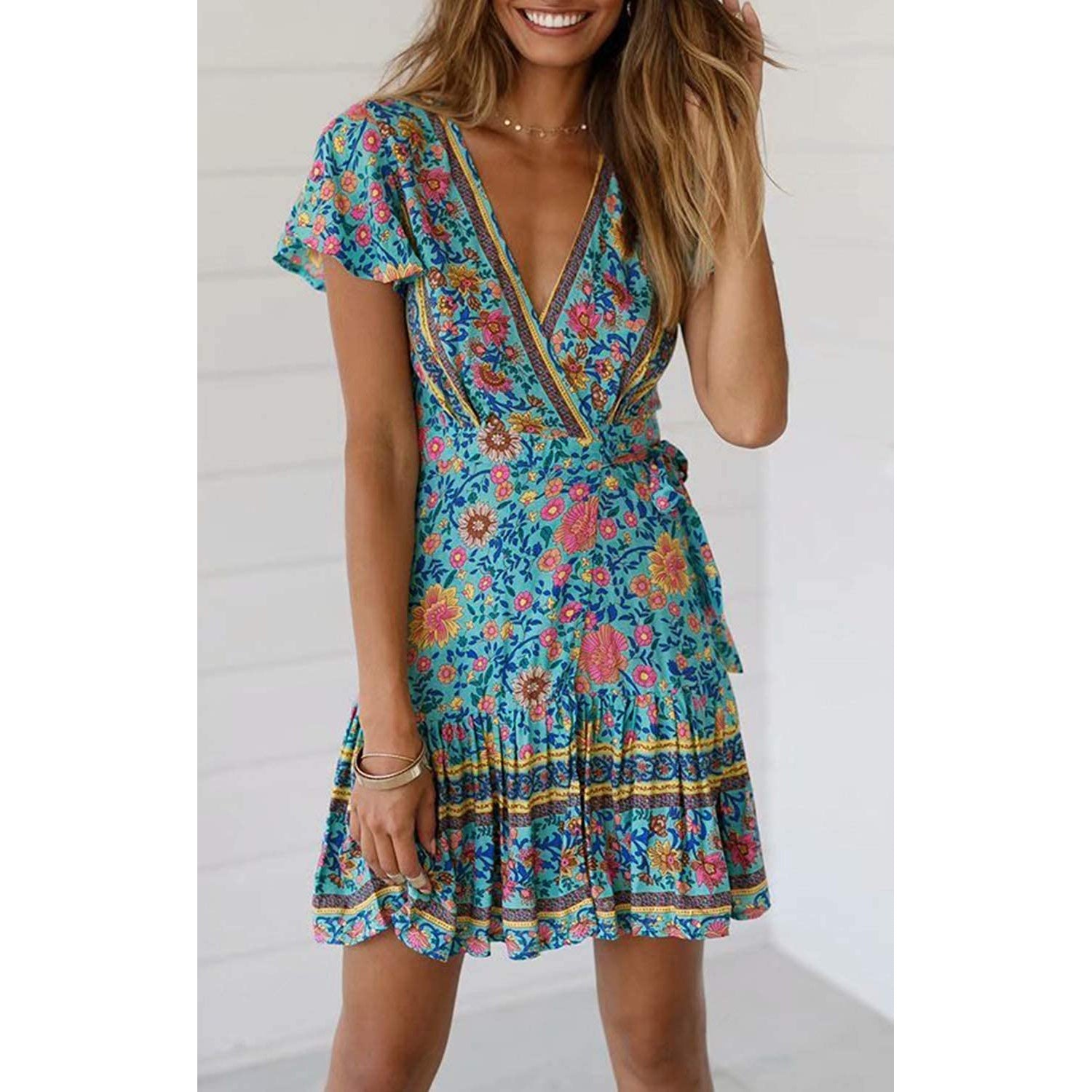 Women's Summer Wrap V Neck Bohemian Floral Print Mini Dress Cheap Geniue Stockist