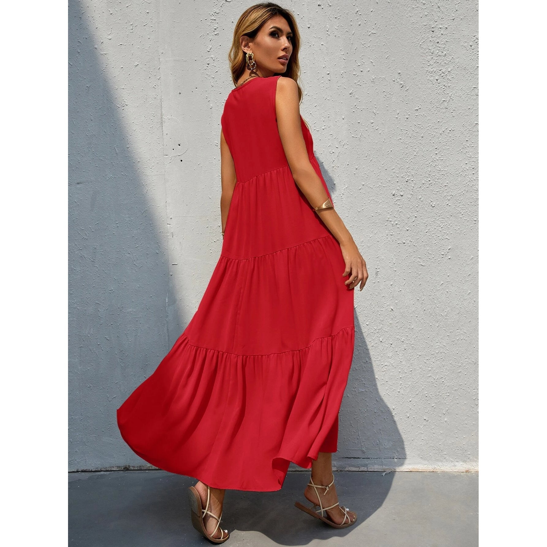 Women's V-neck Ruffle Hem Solid Dress Choice Online