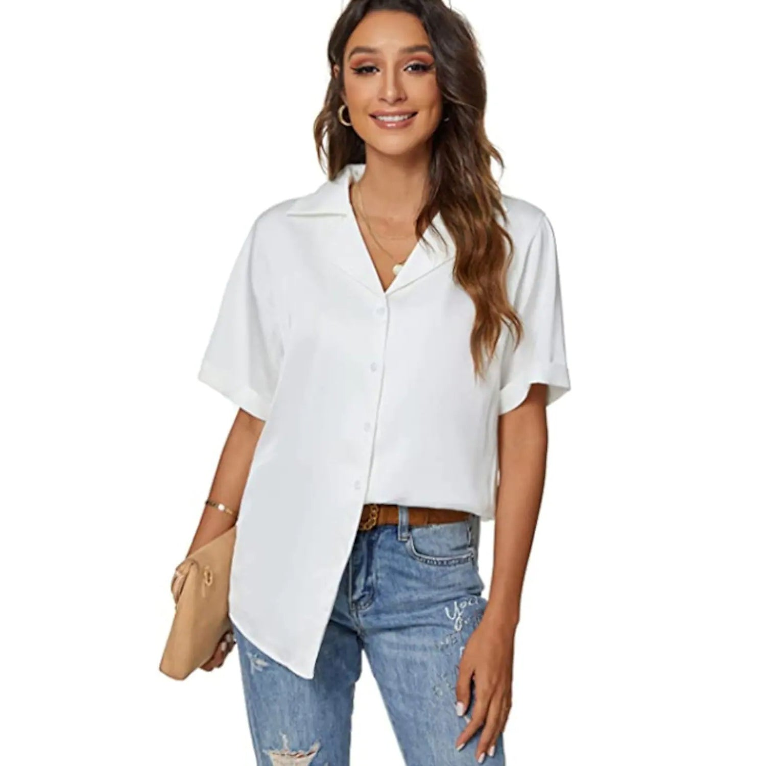 Women's Short Sleeve Casual Satin Button Down Shirt Sale Online Shop