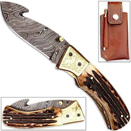 White Deer Forged Damascus, 3.4 Guthook Blade, Stag Handle - FDM-2536 Reliable For Sale