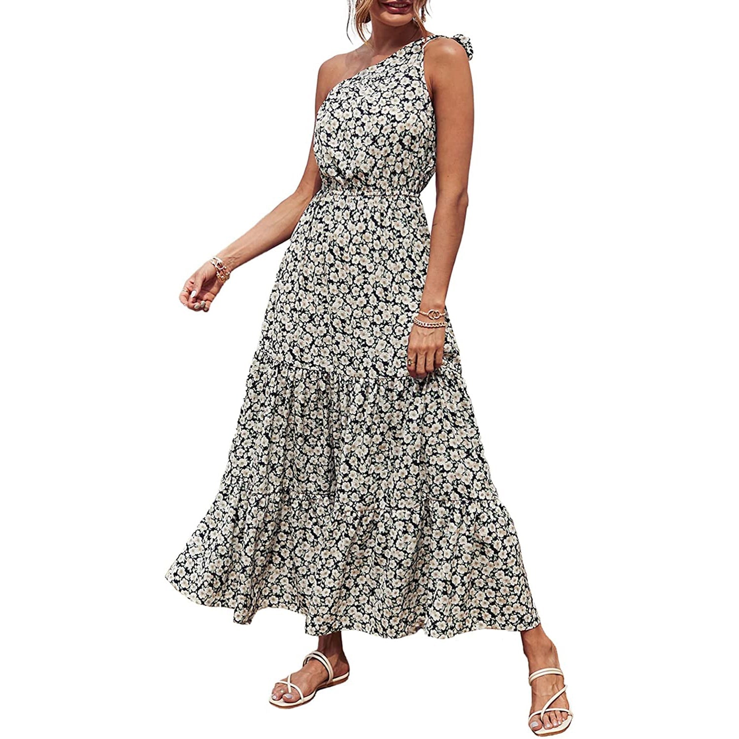 Women's Summer Floral One Shoulder Ruffled Hem Maxi Dresses Marketable Sale Online