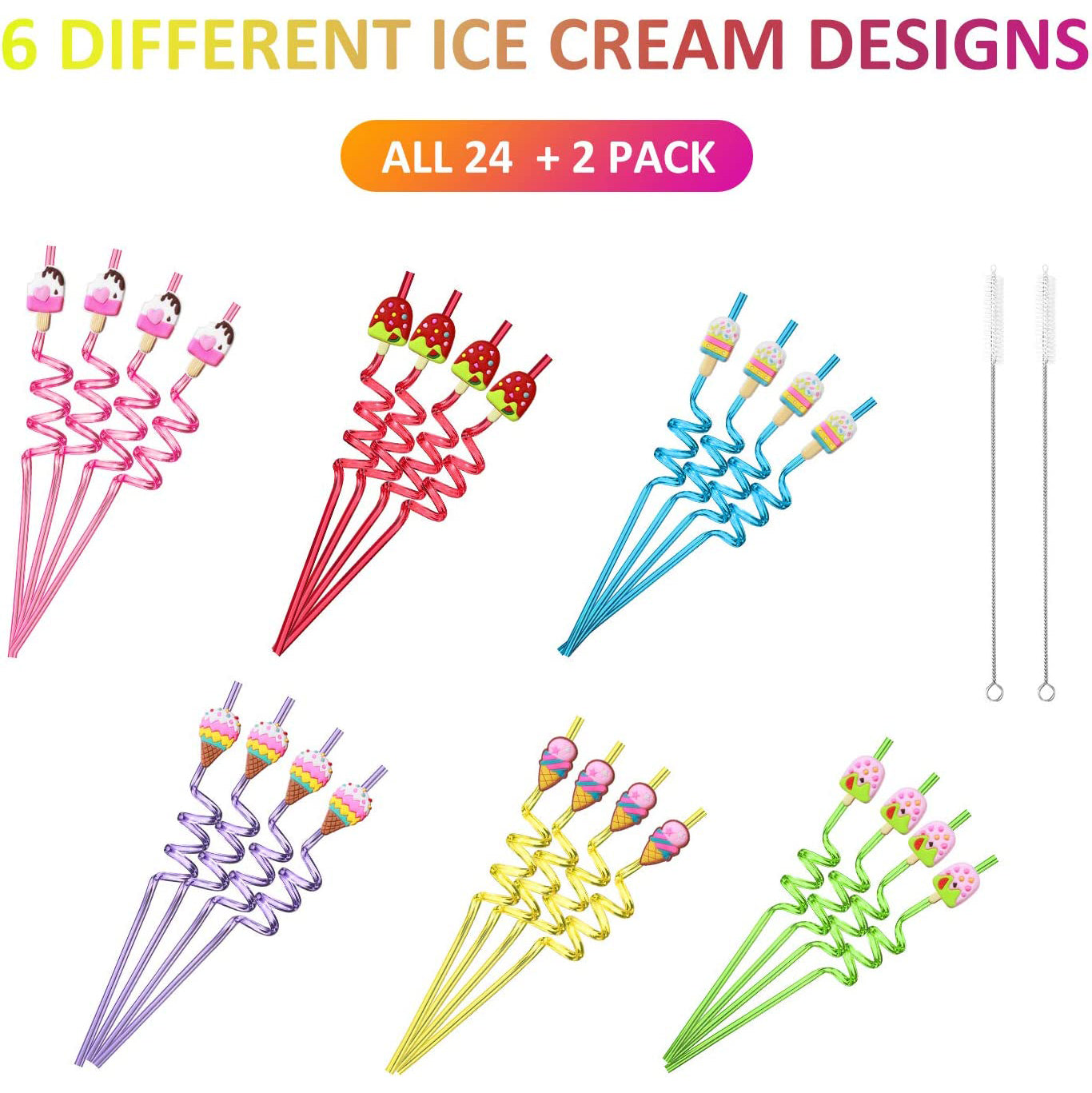 24-Pack: Reusable Ice Cream Straws for Birthday Party Supplies Discount Supply