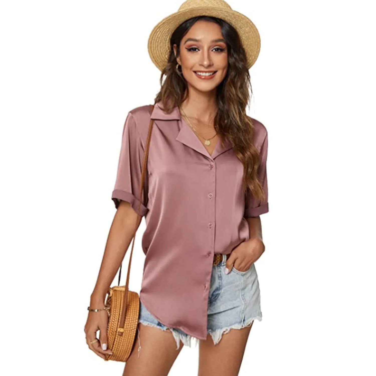 Women's Short Sleeve Casual Satin Button Down Shirt Sale Online Shop