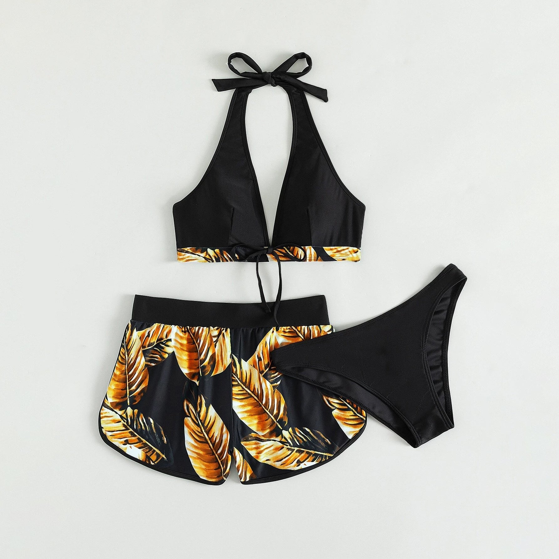 Tropical Print Halter Bikini Swimsuit with Swim Short Best Place For Sale