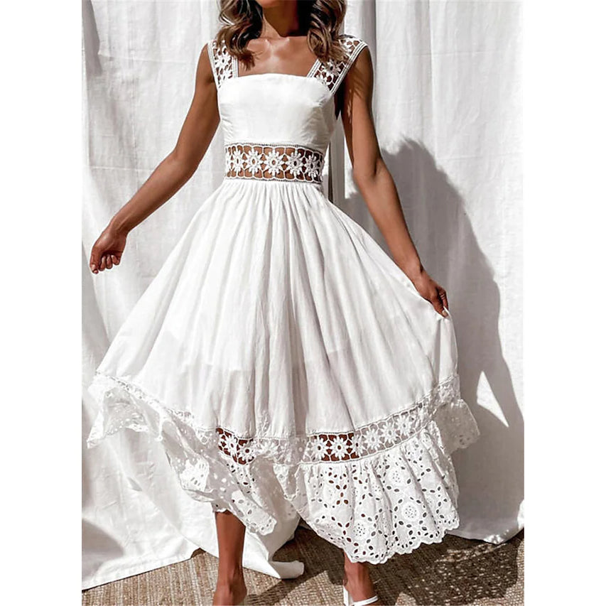 Women's White Sleeveless Solid Lace Panel Dress Cheapest Pice