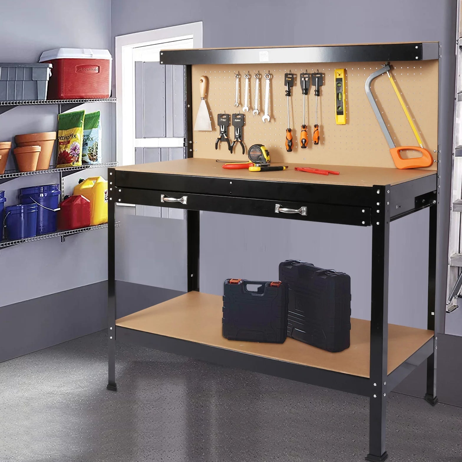 Work Benches for Garage Shop Work Station Tools Table with Peg Board and Drawers Footlocker Pictures Sale Online