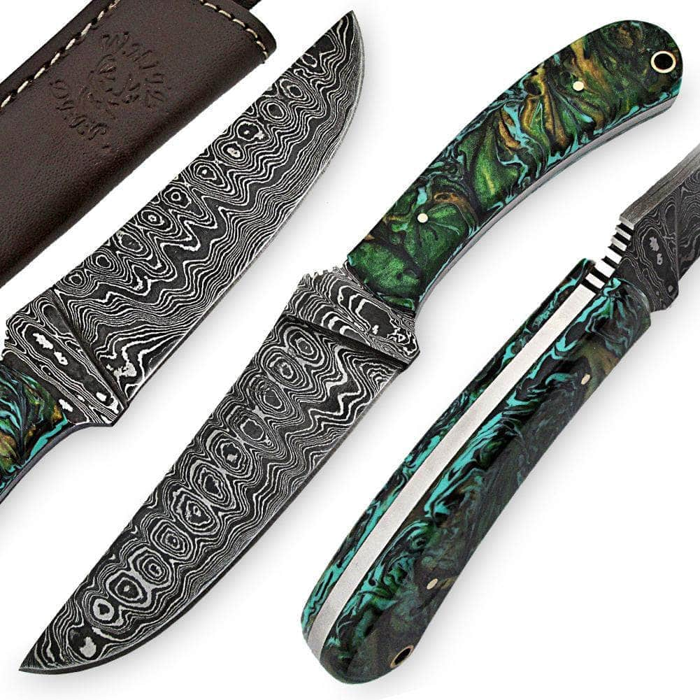 White Deer Large Executive Damascus Knife, 5.4 Blade, Green Resin Handle, Sheath WDM-2374 Free Shipping Clearance Store