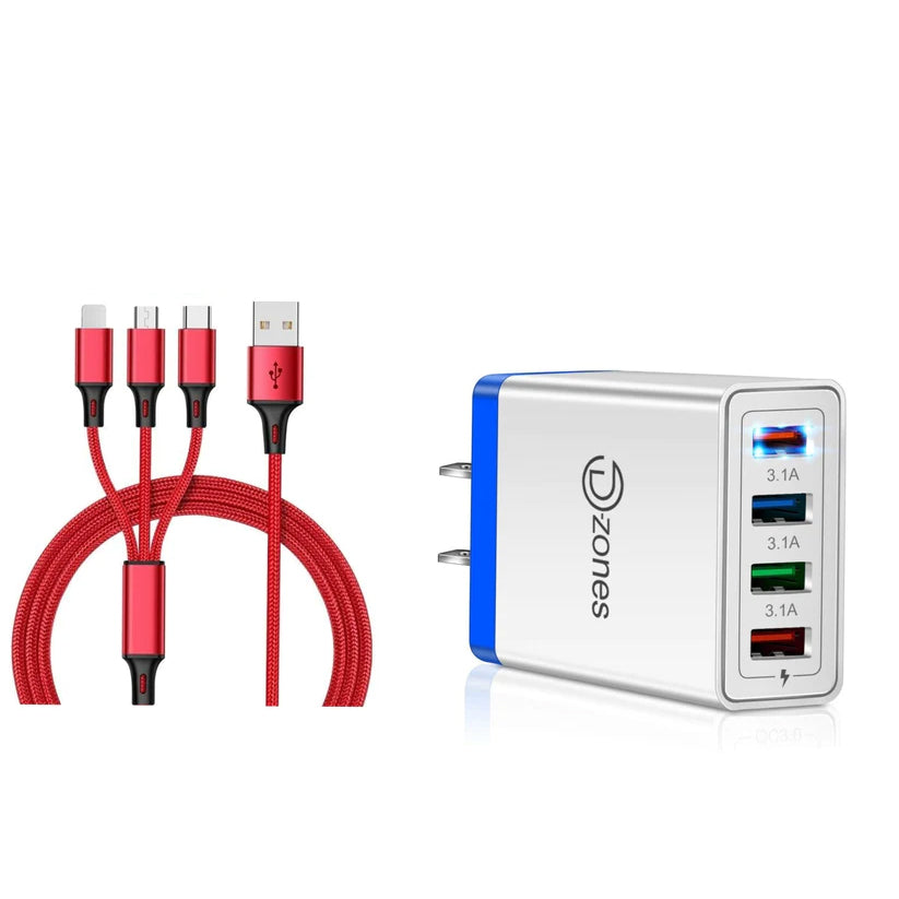 2-Piece Set: 4-Port High Speed Wall Charger + 3-in-1 Cable Combo For Nice