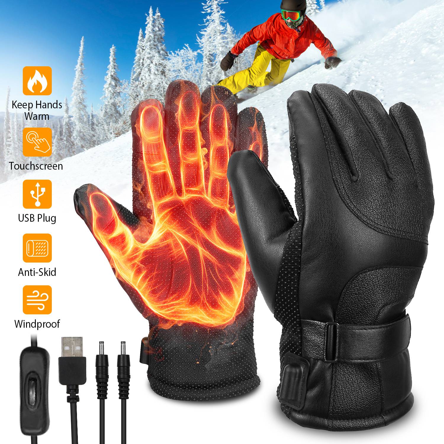 Electric Heated Touchscreen Thermal Gloves Leather USB Plug Cost For Sale