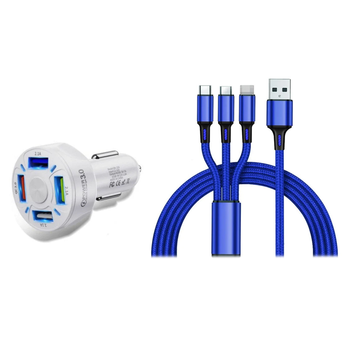 4 Port LED Car Charger + 3-in-1 Cable Combo Browse For Sale