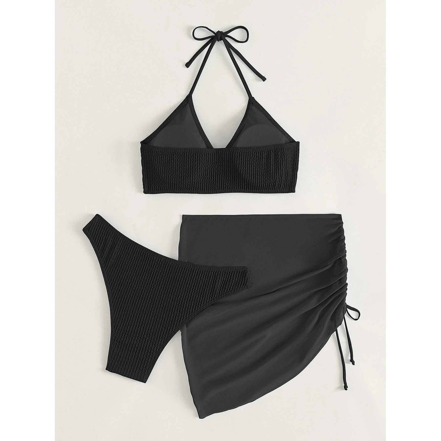 3-Pack: Textured Ring Linked Halter Bikini Swimsuit & Beach Skirt Shop For Cheap Online