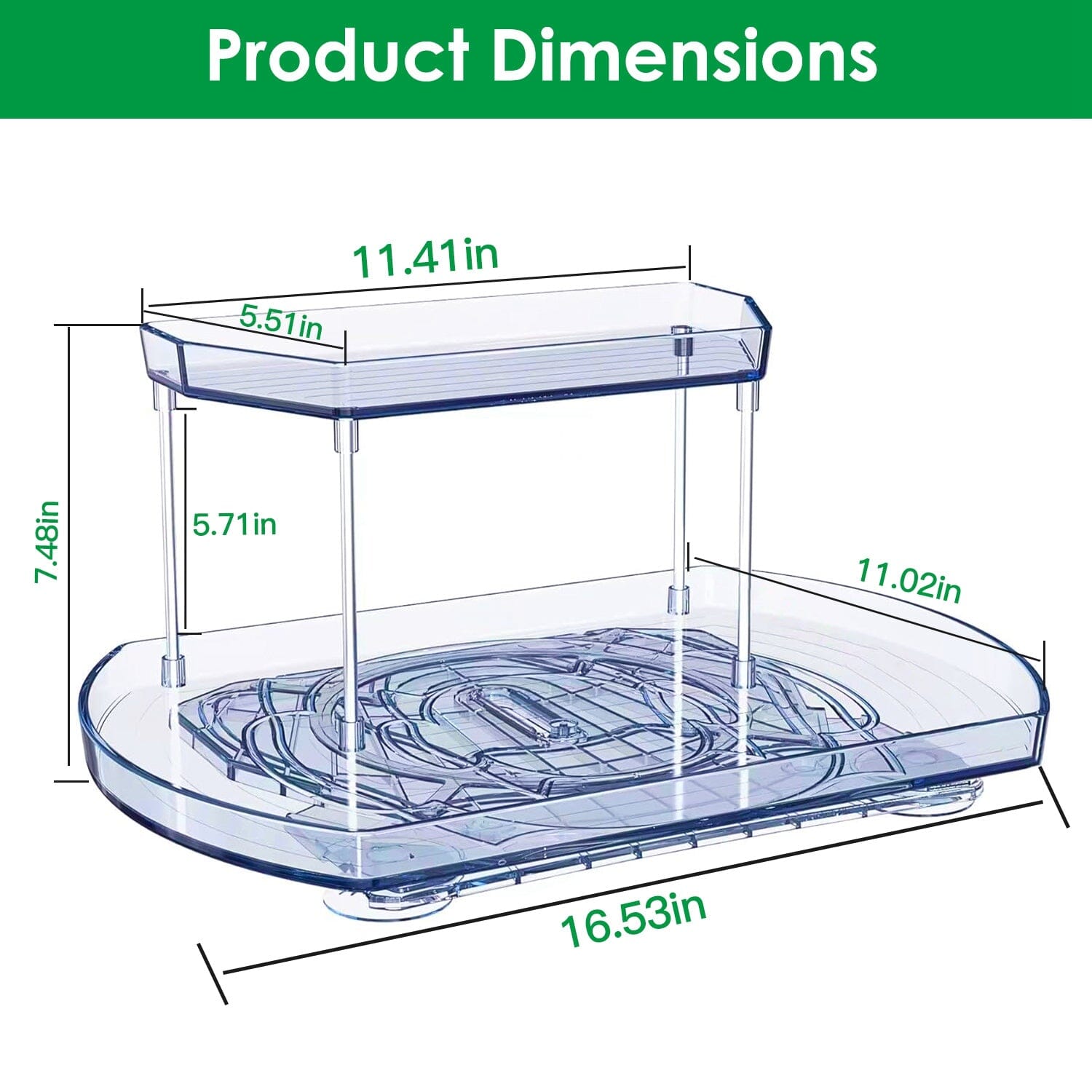 2-Tier Turntable Organizer Rectangular Refrigerator Spinner Storage Rack with 360° Rotatable Slide Rail Fashionable Cheap Online