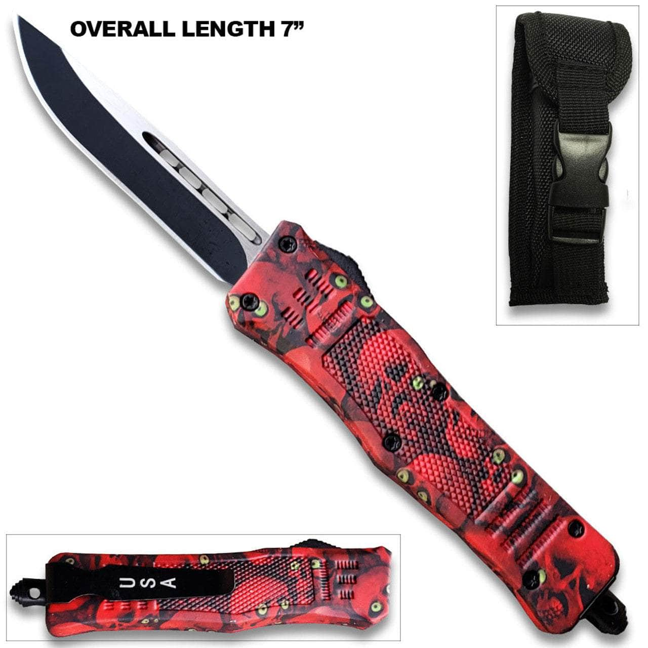 7Overall Drop Point Edged Red Zombie OTF Knife With Green Eye OTFM-11RSK High Quality Cheap Pice