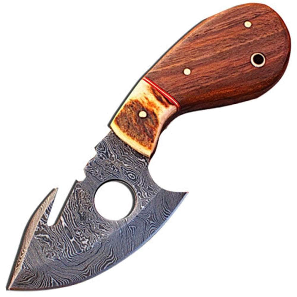 White Deer Damascus Gut Hook Knife, 3.5 Blade, Stag/Wood Handle, Sheath - DM-1025 Clearance Huge Surprise