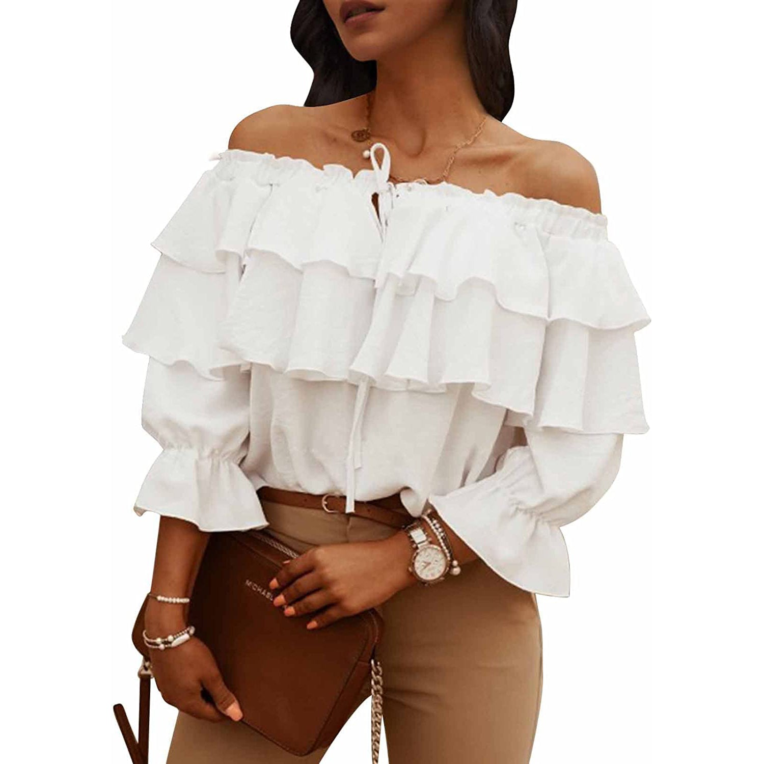 Women's Off Shoulder Ruffle Long Sleeve Shirt Casual Layered Top Free Shipping Pay With Visa