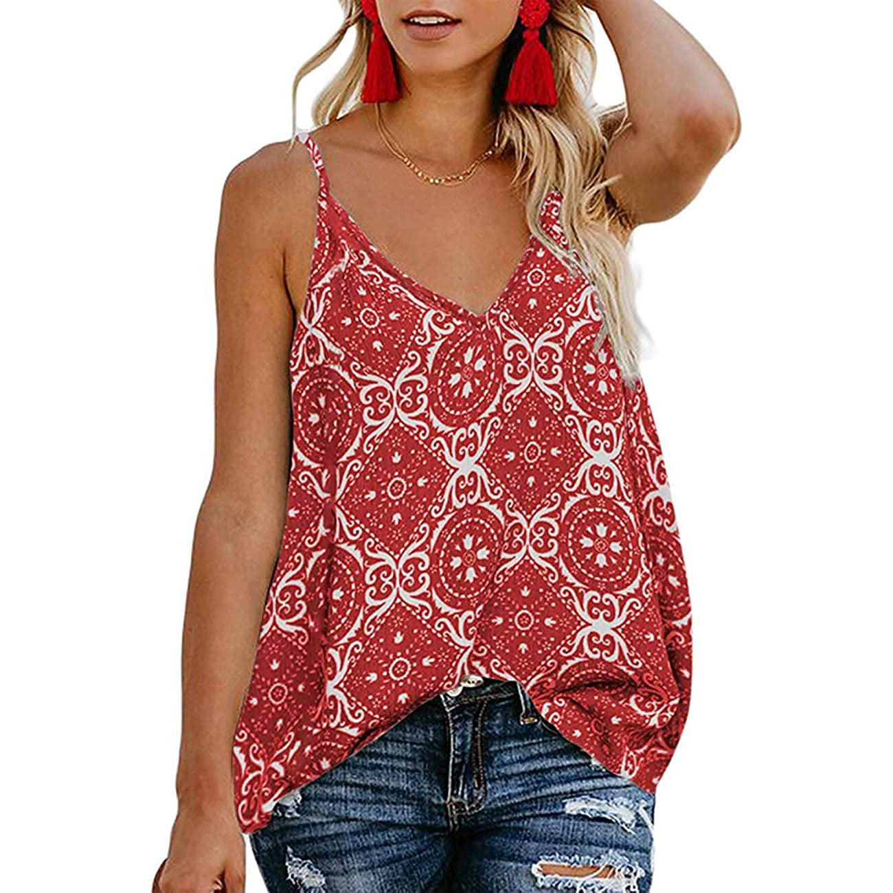 Women's Boho Floral V Neck Spaghetti Straps Tank Top Summer Sleeveless Shirts Blouse 2025 New For Sale