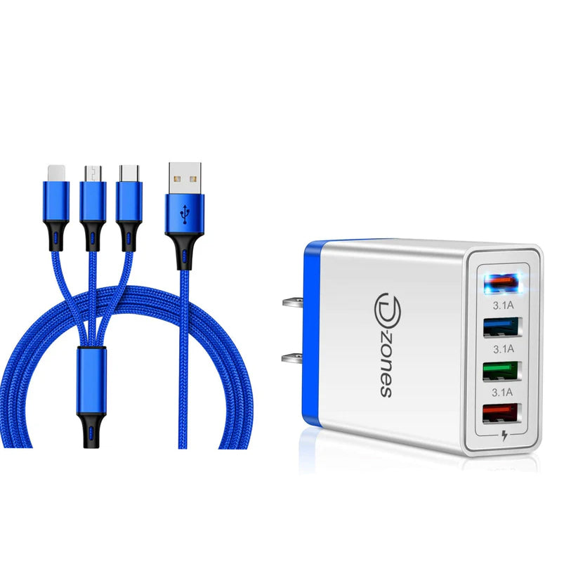 2-Piece Set: 4-Port High Speed Wall Charger + 3-in-1 Cable Combo For Nice