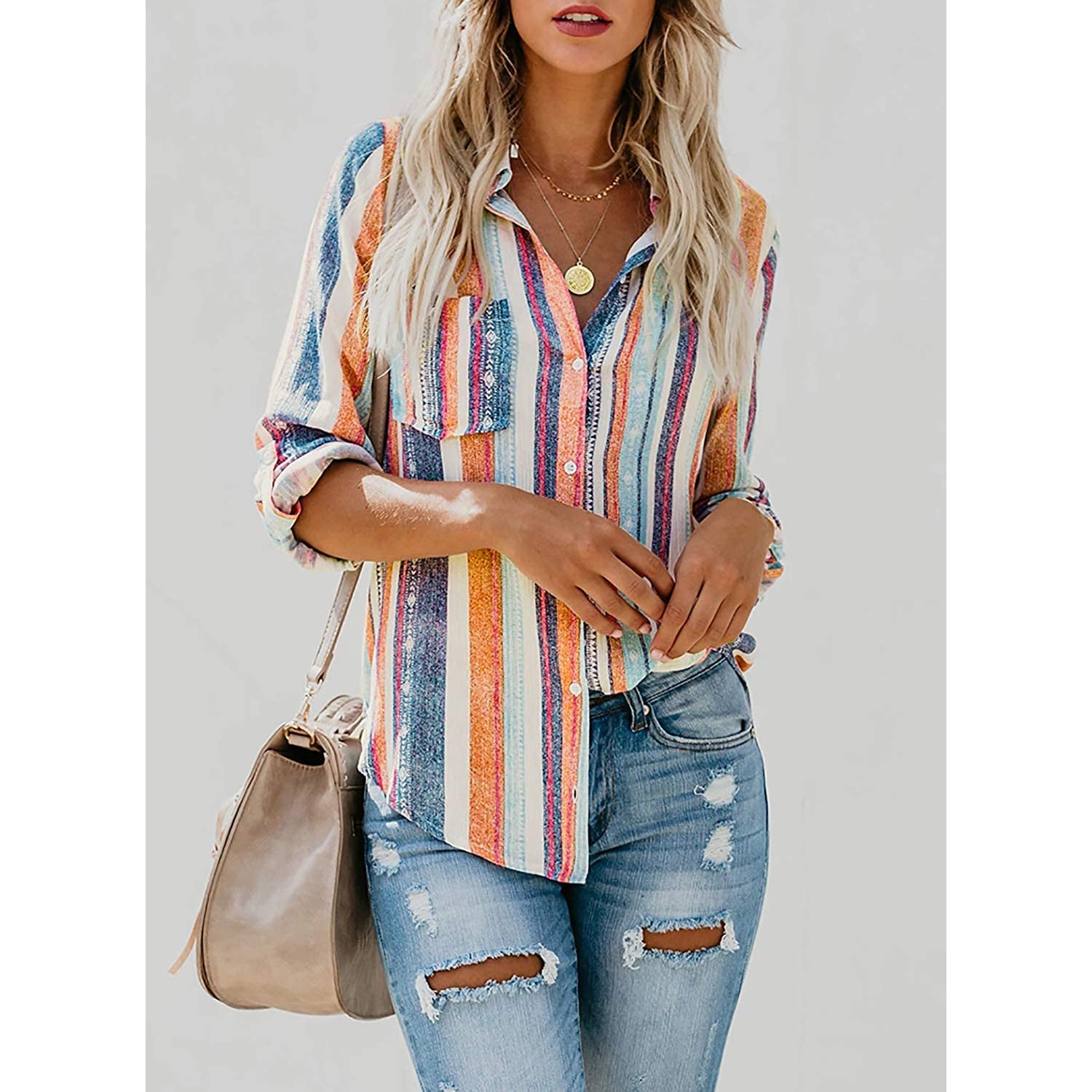 Women's V-Neck Striped Roll-Up Cuff Shirt Buy Online Cheap Pice