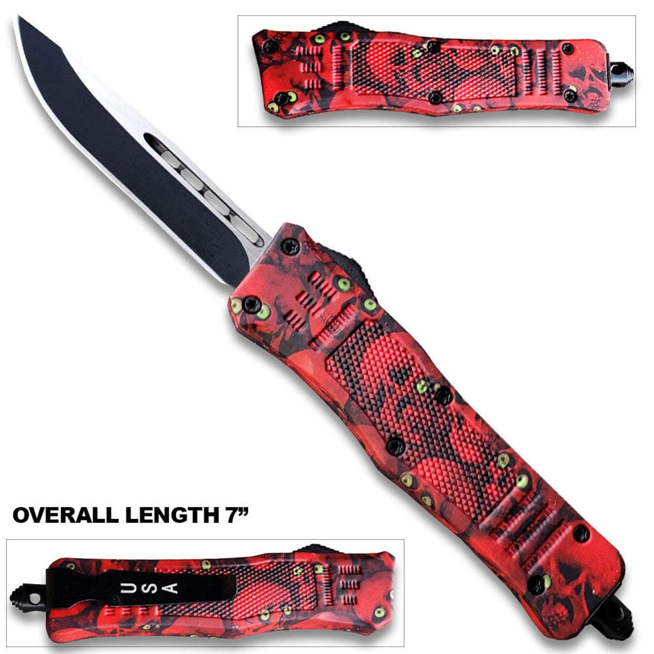 7Overall Drop Point Edged Red Zombie OTF Knife With Green Eye OTFM-11RSK High Quality Cheap Pice