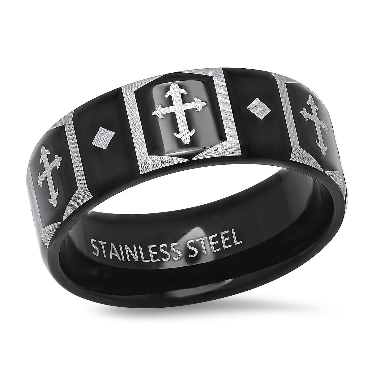 Men's Two Tone Black IP and Stainless Steel Band Ring with Cross Accents Comfortable