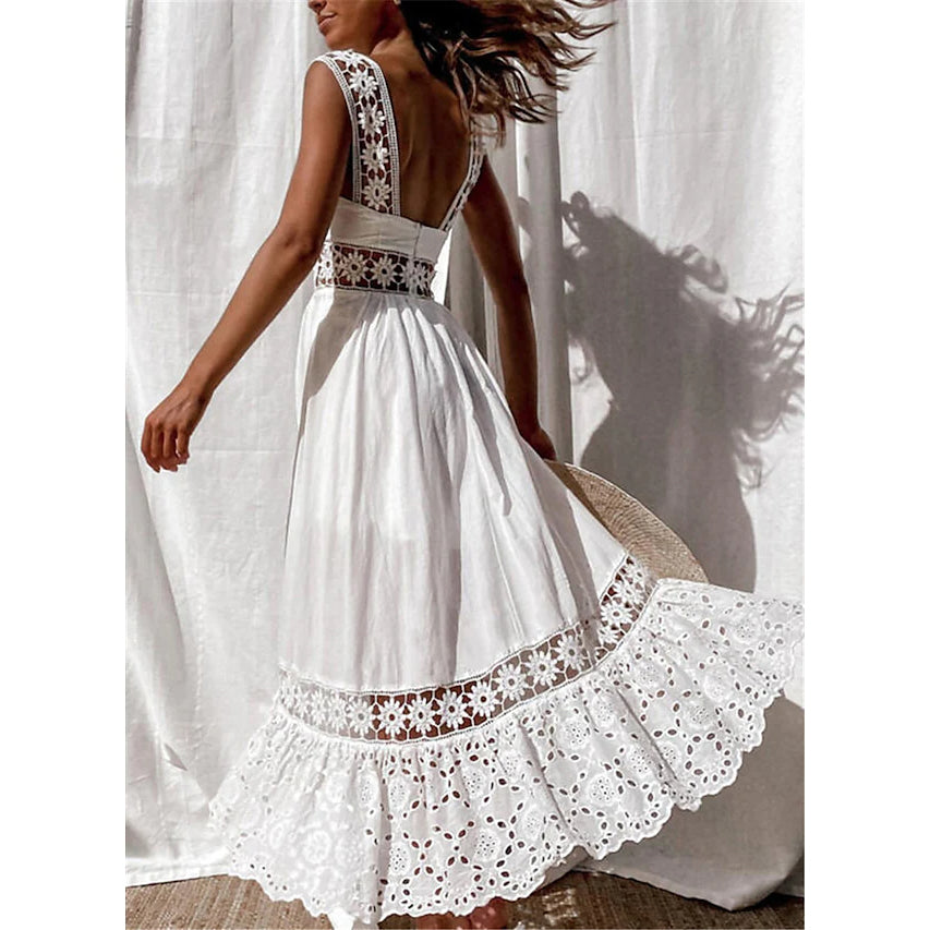 Women's White Sleeveless Solid Lace Panel Dress Cheapest Pice