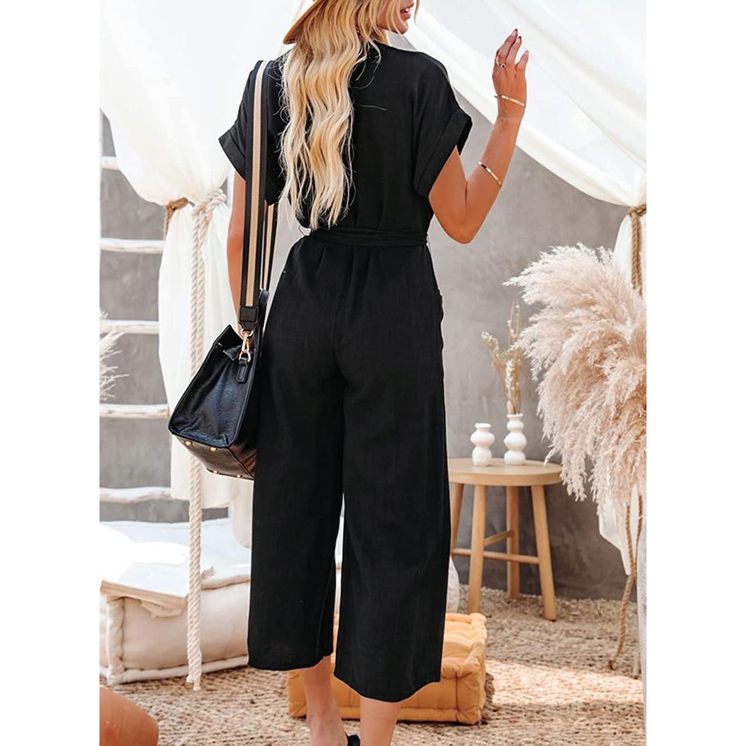 Women's Short Sleeve V Neck Button Belt Wide Leg Jumpsuit Free Shipping Fast Delivery