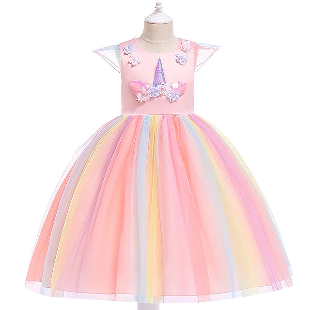 Little Girls' Dress Unicorn Rainbow Patchwork Colorful Tulle Dress Cheapest Sale Online