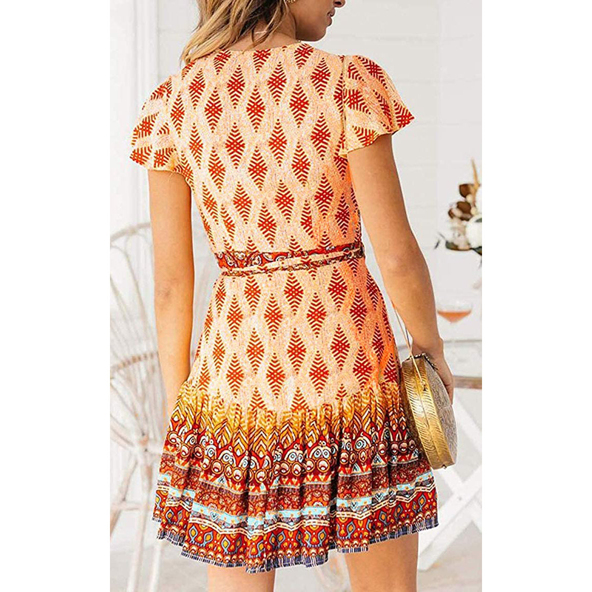 Women's Summer Wrap V Neck Bohemian Floral Print Mini Dress Cheap Geniue Stockist