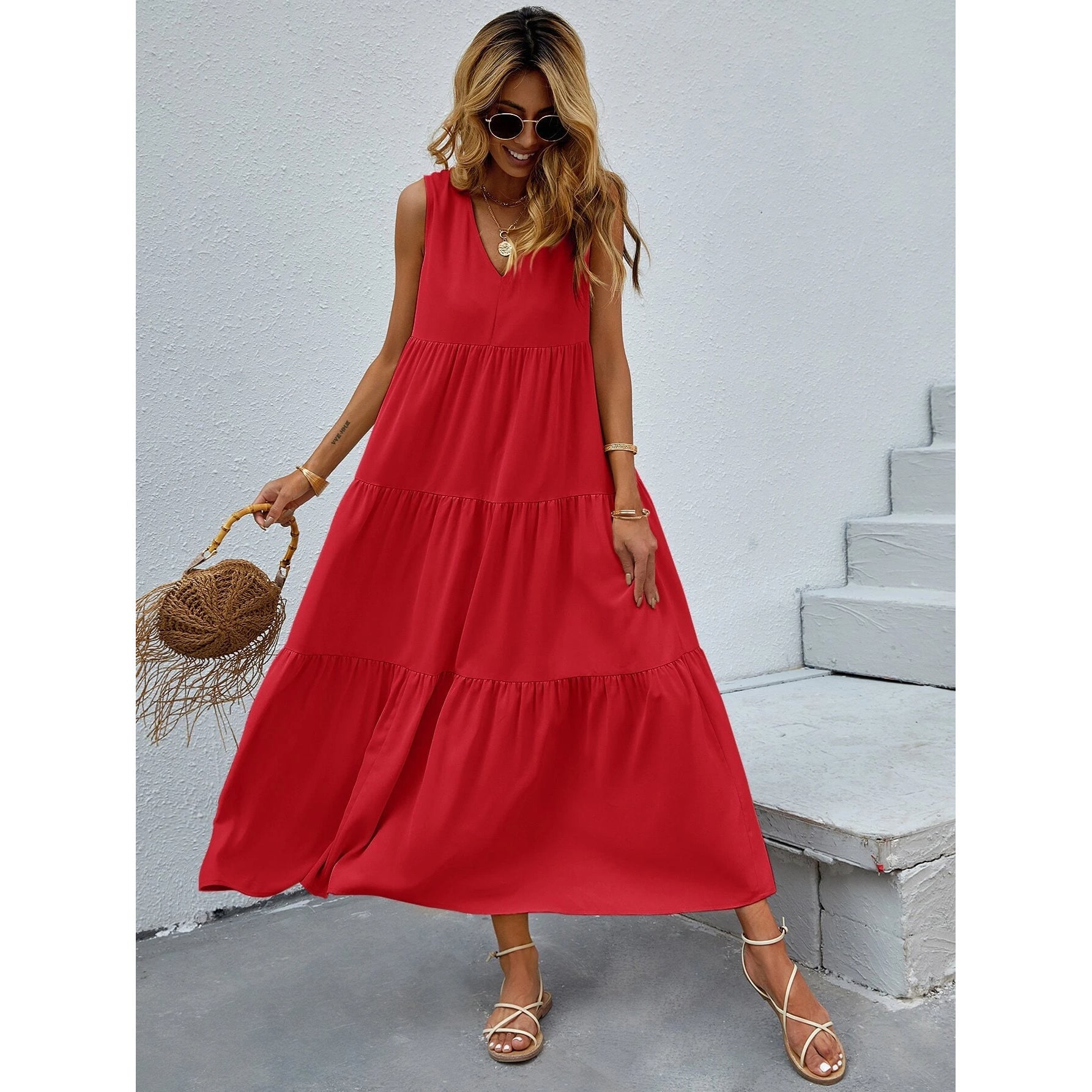 Women's V-neck Ruffle Hem Solid Dress Choice Online