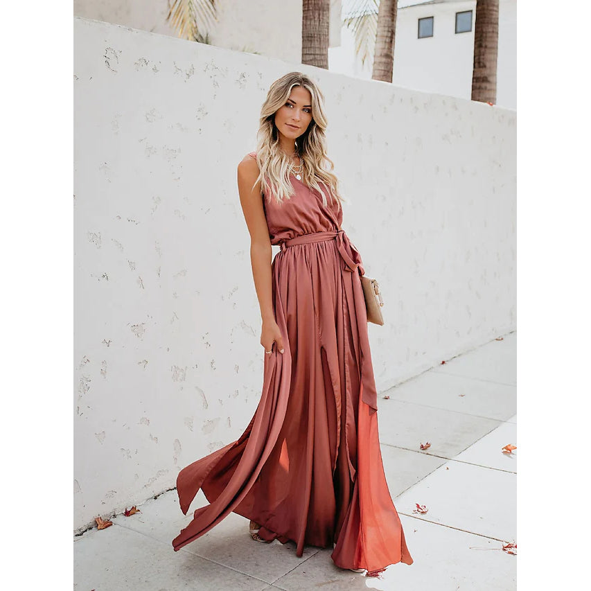 Women's Solid Color Slit Tie Maxi Dress Sale Good Selling