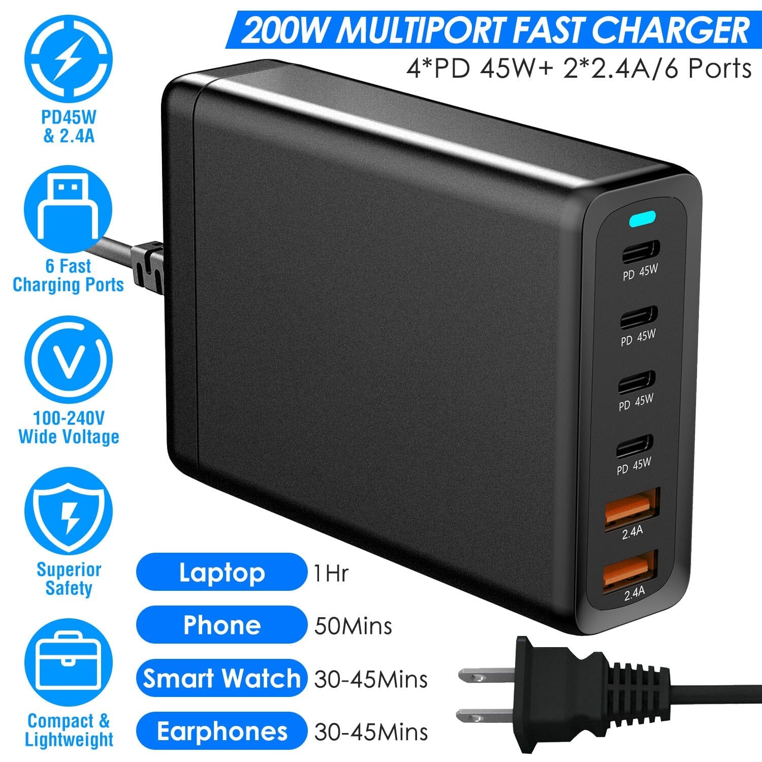 200W Fast Wall Charger with 6 Charging Ports Desktop USB Charging Station Clearance Pre Order