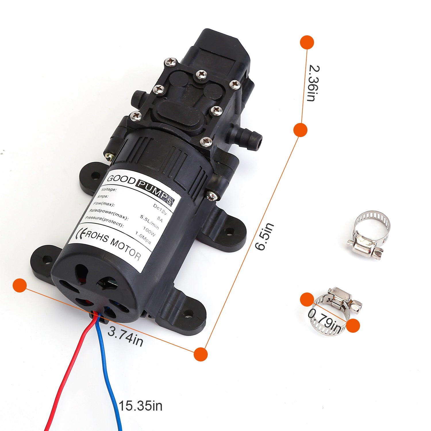 12V Water Pump with 2 Hose Clamps 123PSI Self Priming Sprayer Pump Inexpensive