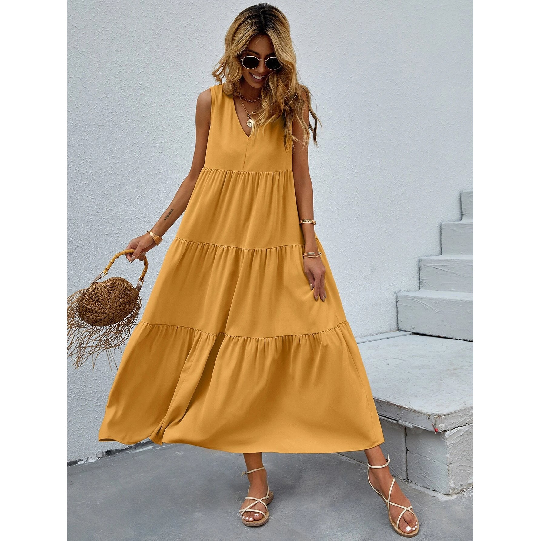 Women's V-neck Ruffle Hem Solid Dress Choice Online