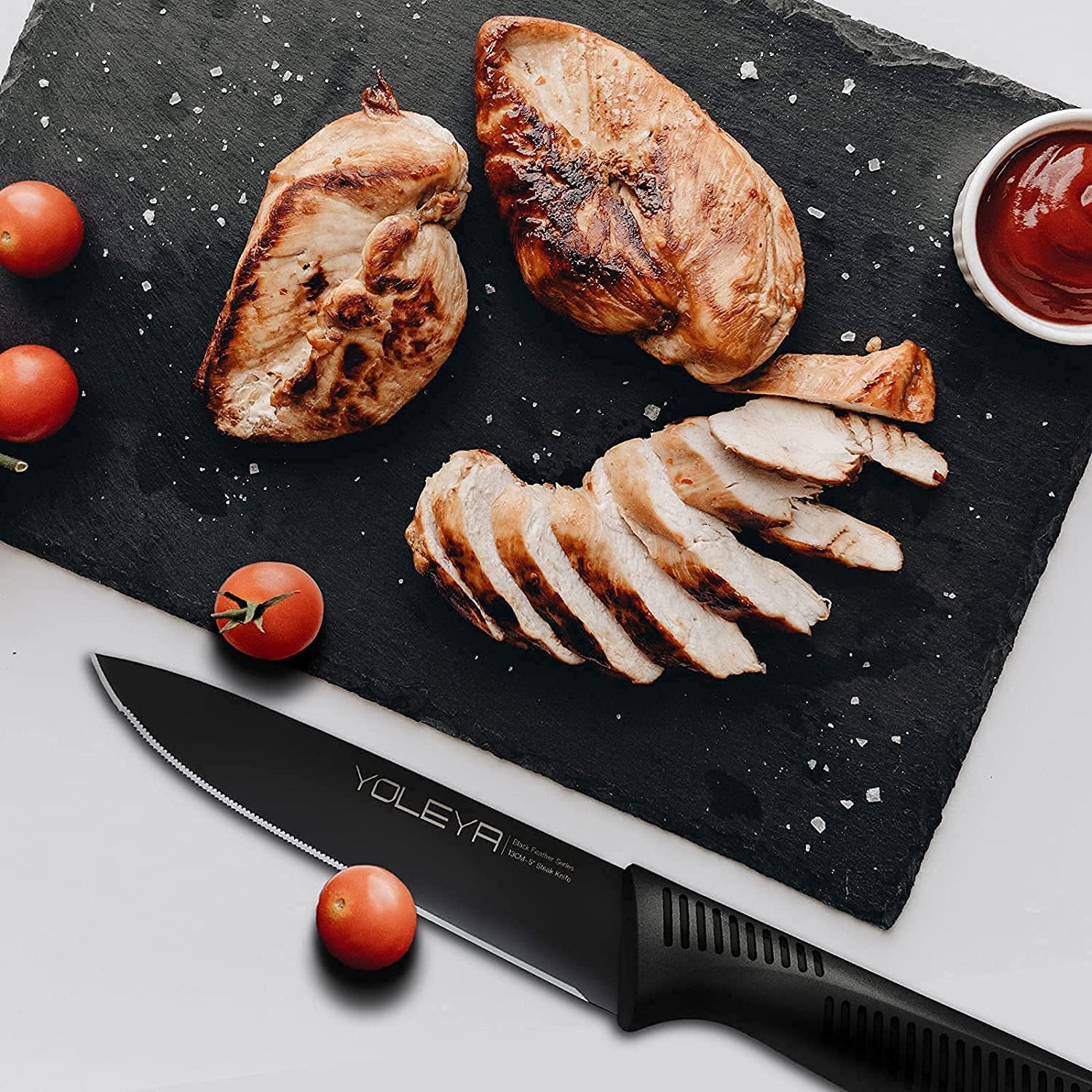 6-Pieces Set: YOLEYA High Carbon German Stainless Steel Black Serrated Steak Knife Set Inexpensive