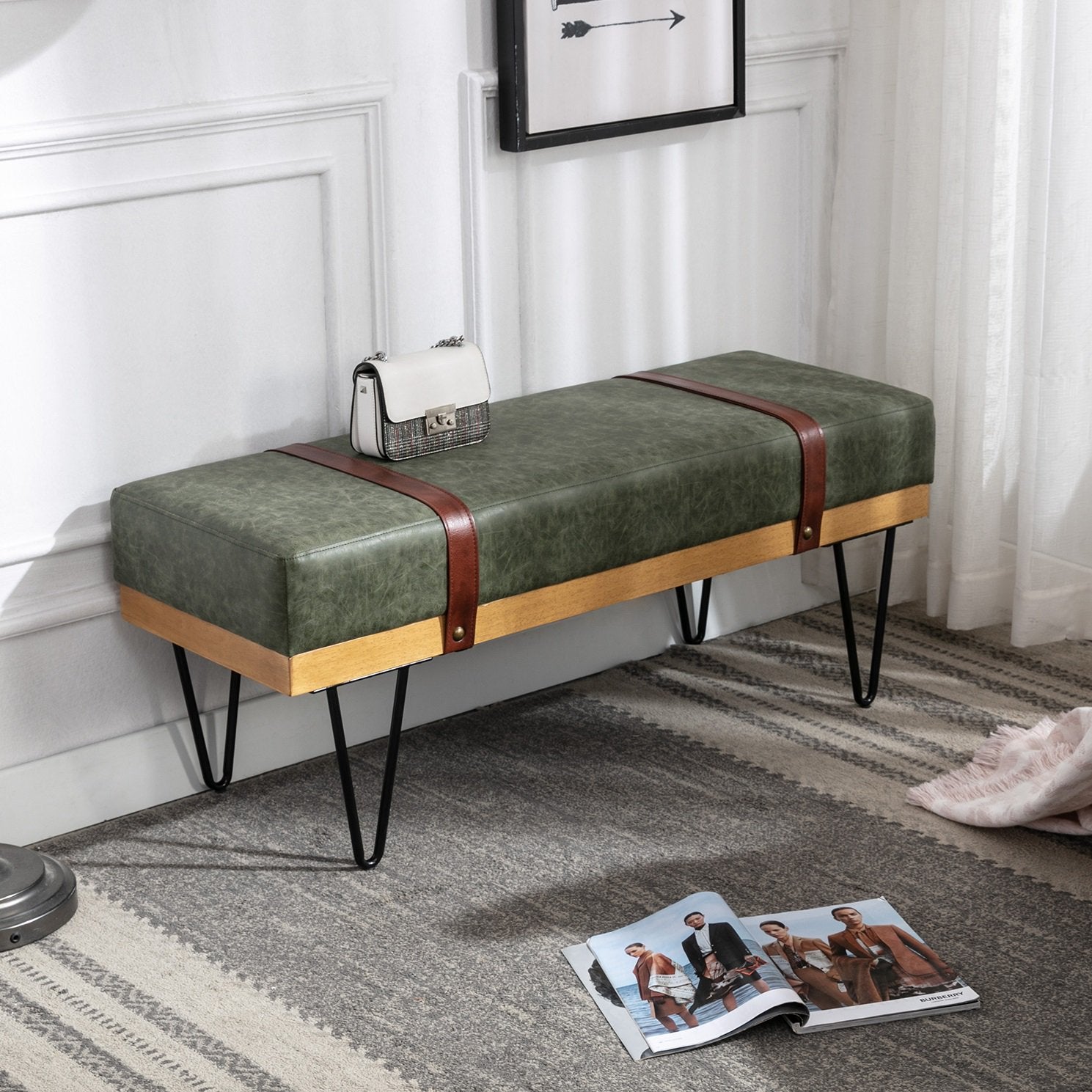 Bench for Bedroom Entryway Linen Ottoman Fabric Upholstered with Soft Cushion and Solid Wood Frame Cheapest Pice