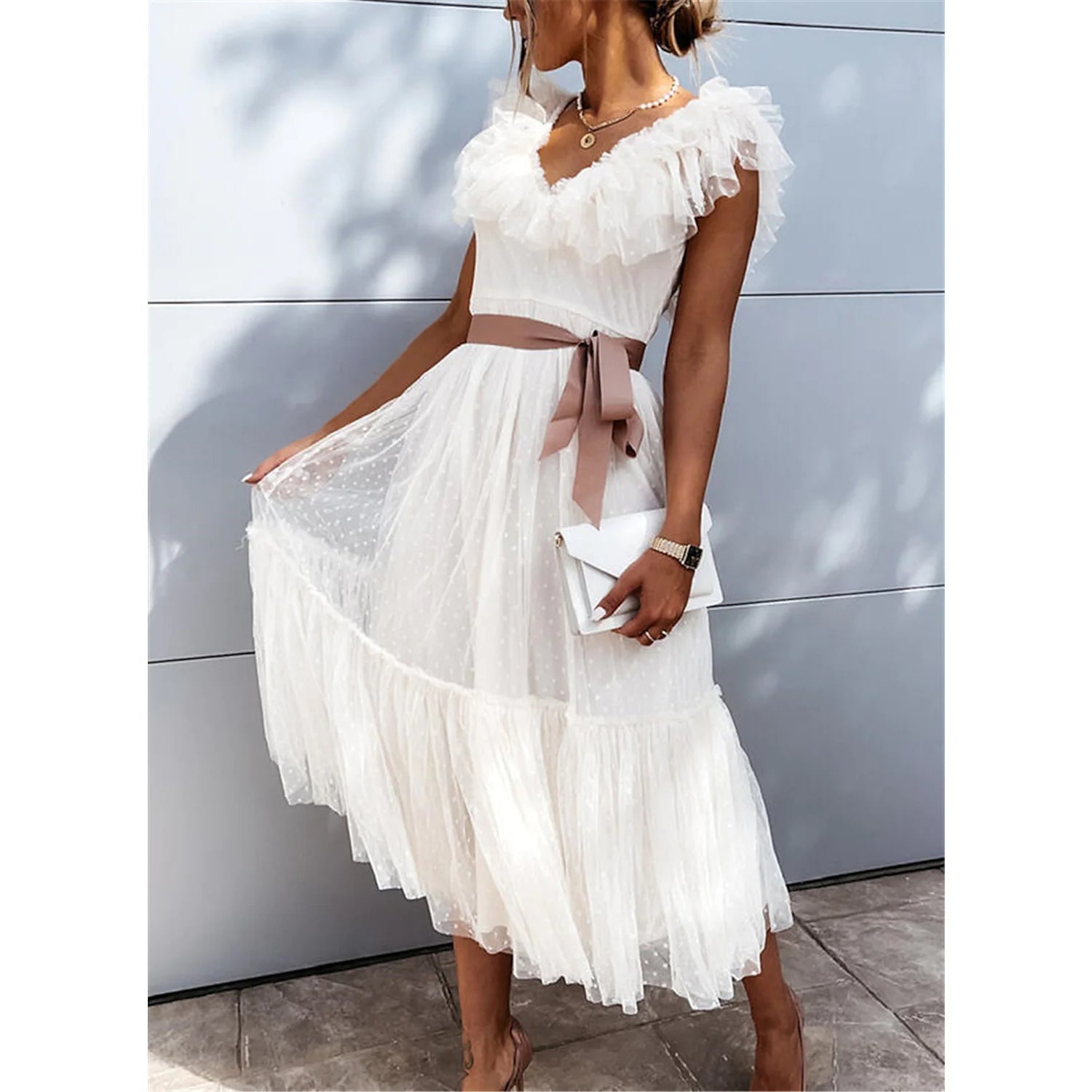 Women's V-Neck Solid Pleated Dress Latest Sale Online