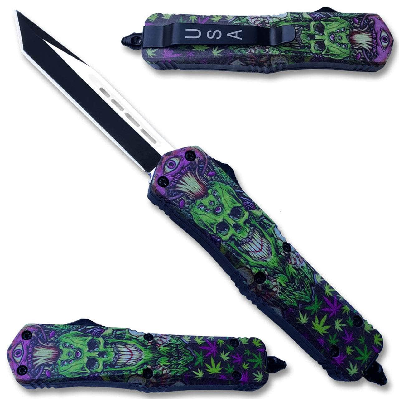 Green & Purple Skull Tanto Blade OTF Knife OTFM-22T Cheap Sale Store