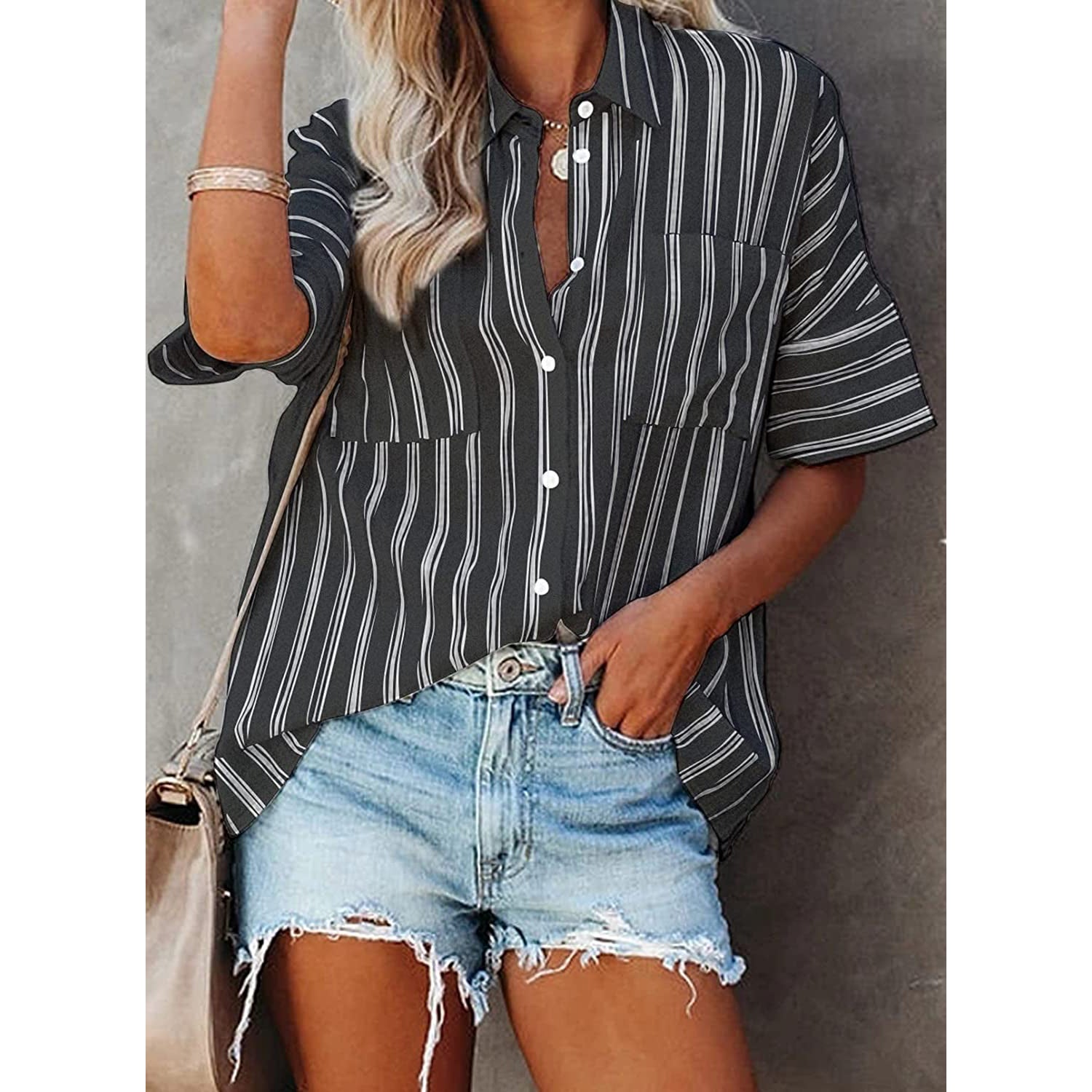 Women's V Neck Striped Roll Up Cuff Button Shirt Top Cheap Sale Explore