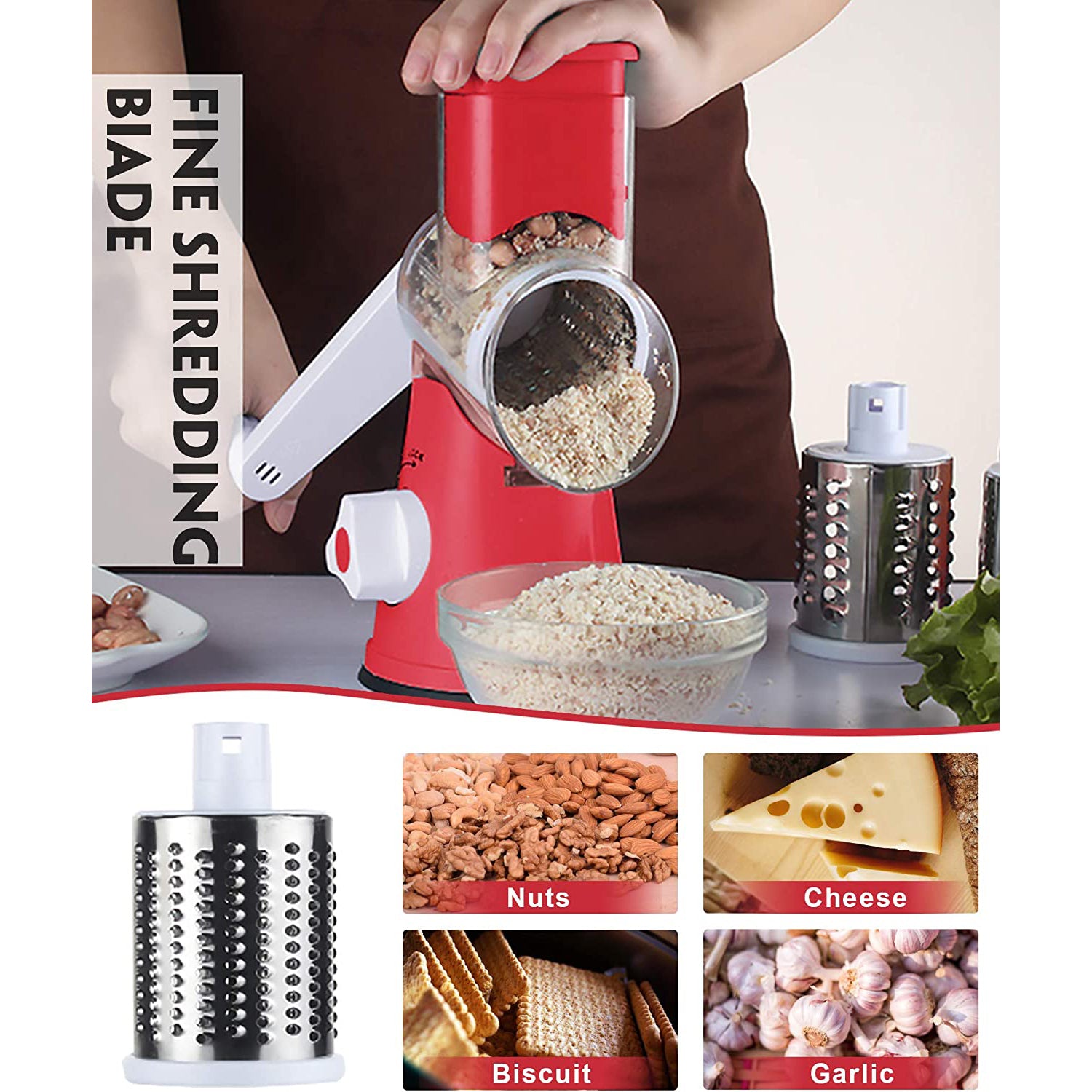 FAVIA Rotary Cheese Grater with Handle - Food Shredder with 3 Stainless Steel Drum Blades Sale Visa Payment