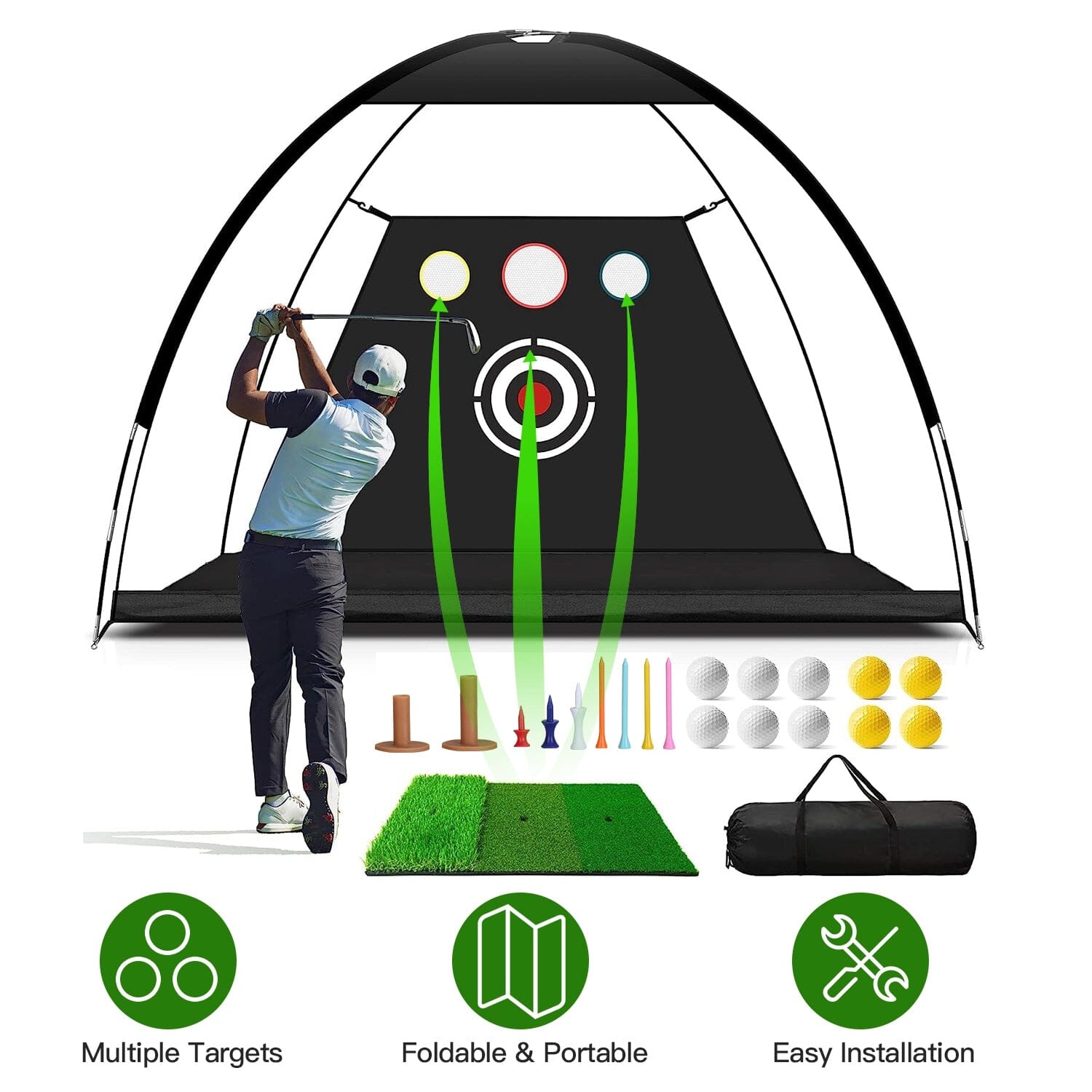 Golf Training Aids Driving Hitting Nets with Tri-Turf Golf Mat Target Cloth 10 Golf Balls 7 Golf Tees 2 Rubber Golf Tee Holders Carry Bag for Indoor Outdoor Sports Free Shipping Best