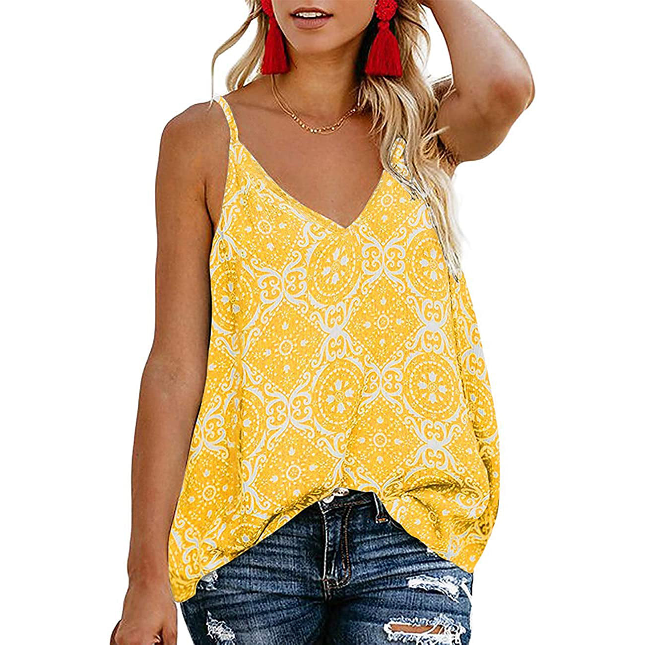 Women's Boho Floral V Neck Spaghetti Straps Tank Top Summer Sleeveless Shirts Blouse 2025 New For Sale