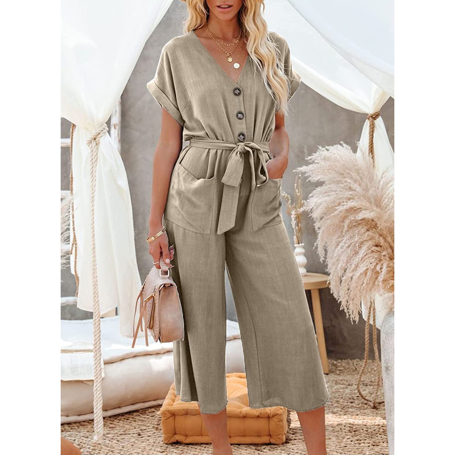 Women's Short Sleeve V Neck Button Belt Wide Leg Jumpsuit Free Shipping Fast Delivery