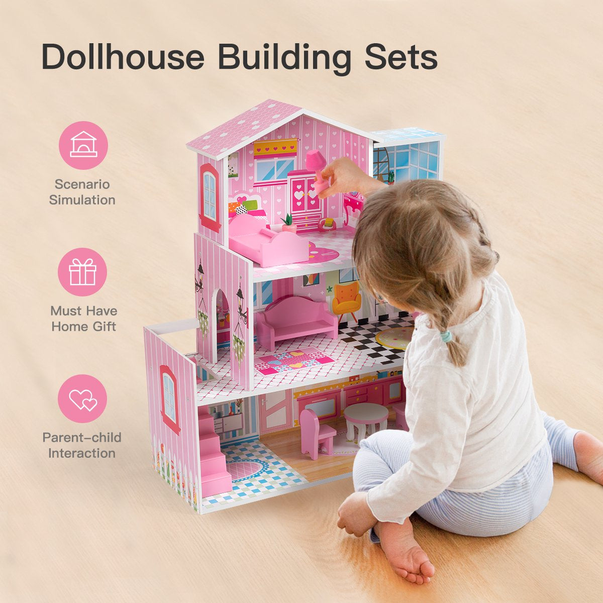 Wooden Dollhouse with Furniture, Doll House Playset for Kids Clearance How Much