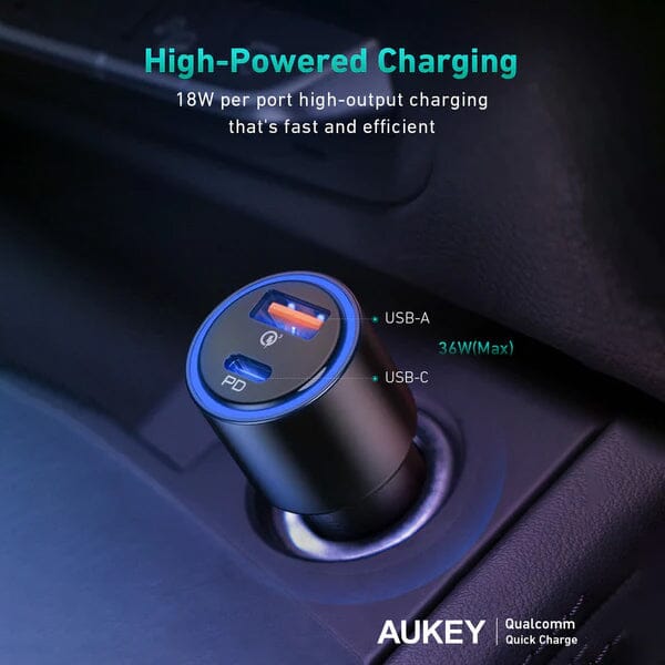 AUKEY 36W LED Car Charger CC-Y18S Dual USB-C/USB-A Sale Best