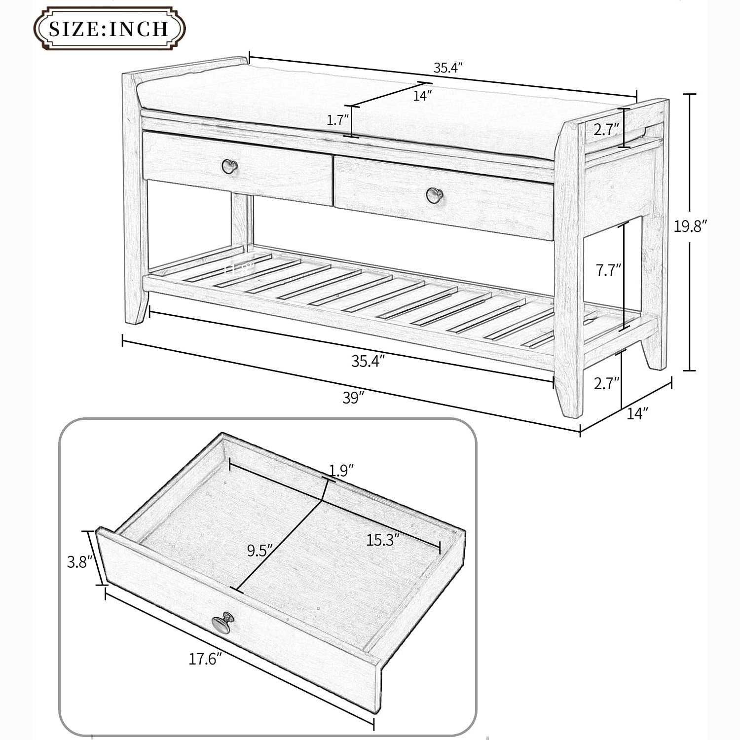 Wood Storage Bench with 2 Drawer Shoe Rack Free Shipping Very Cheap