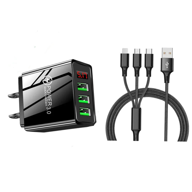 2-Piece Set: 3-Port LED Display High Speed Wall Charger Black + 3-in-1 Cable Fashion Style Cheap Online