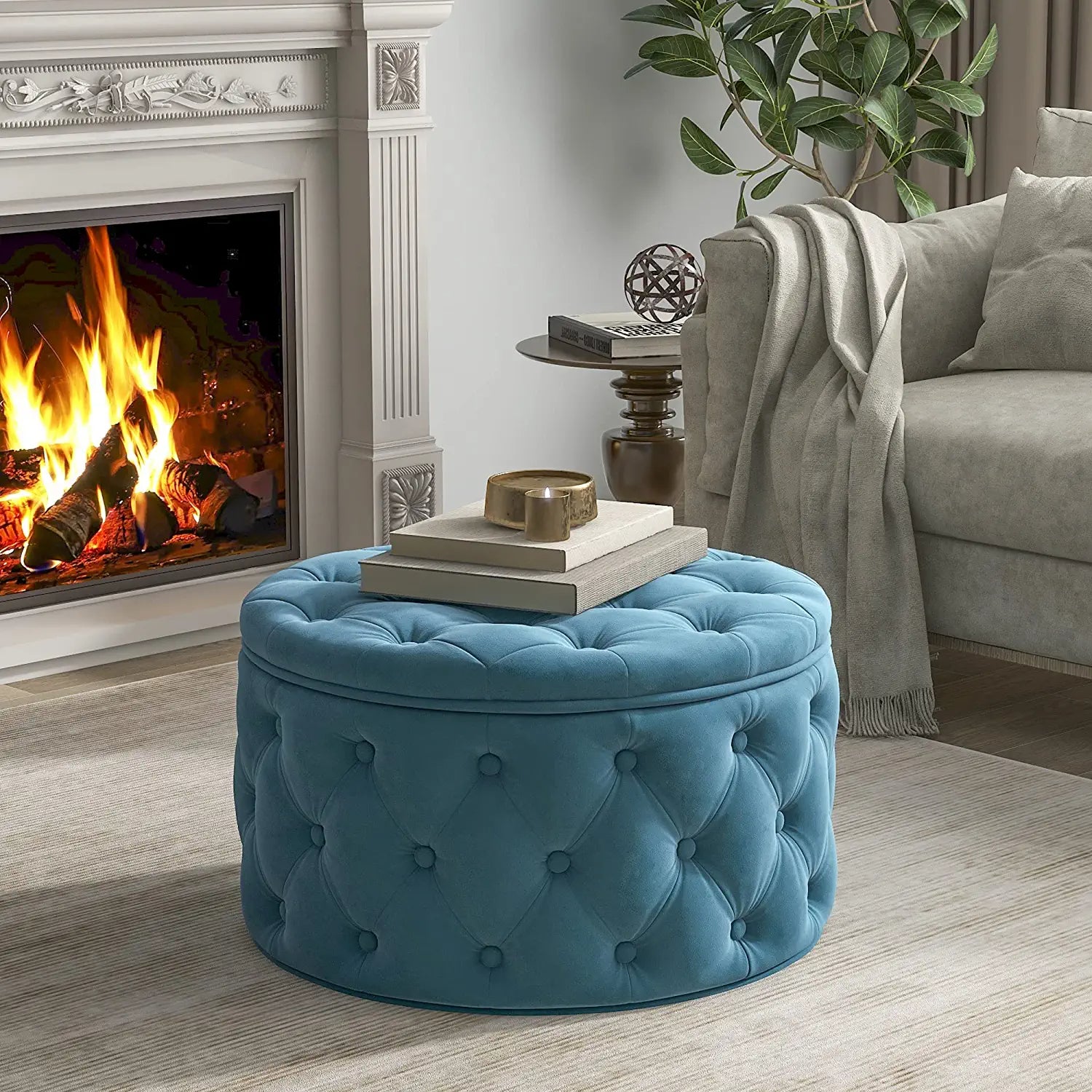 29.5 Tufted Velvet Round Ottoman Classic Button Living Room Footrest with Storage Best Pices Online